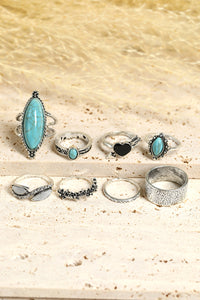 Circle D Bohemian Vintage 8pcs Turquoise Rhinestone Ring Sets