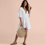 Circle D Cotton  Pleated V-neck Backless Bell Sleeve Dress