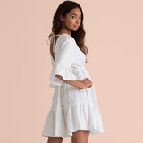 Circle D Cotton  Pleated V-neck Backless Bell Sleeve Dress