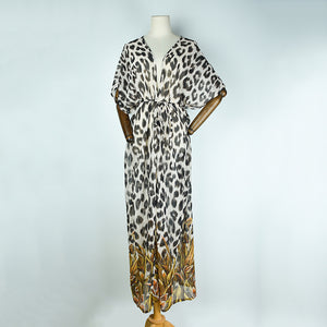 Circle D Loose Chiffon Leopard Point Mid-Length Sunscreen Shirt Beach Bikini Jacket Swimsuit Outwear Blouse for Women