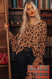 Circle D Leopard V Neck Ruffled Cuffs Loose Blouse