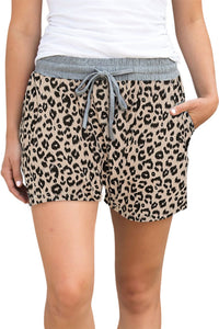 Khaki Leopard Print Drawstring Waist Summer Casual Shorts