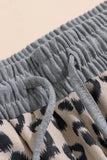 Khaki Leopard Print Drawstring Waist Summer Casual Shorts