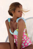 2021  Style Women Sexy Lace Shoulder Strap One-Piece Bikini Fresh Printed Swimsuit Bikini